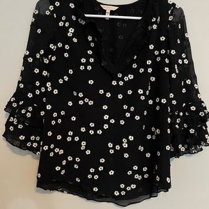 Rebecca Taylor black silk top with embroidered white flowers. Size 4